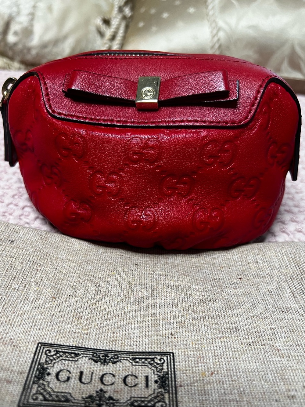Gucci Guccissima Red Leather Bow Cosmetic Pouch 282642